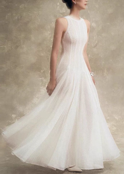 Stylish White Hollow Out Solid Lace Party Dress Sleeveless