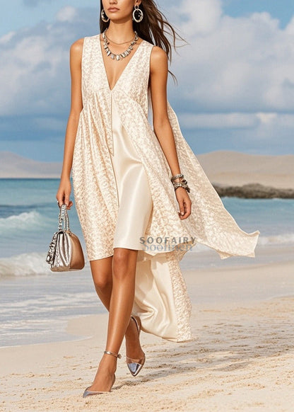 Stylish White Jacquard Asymmetrical Design Silk Cami Dresses Summer