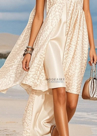 Stylish White Jacquard Asymmetrical Design Silk Cami Dresses Summer