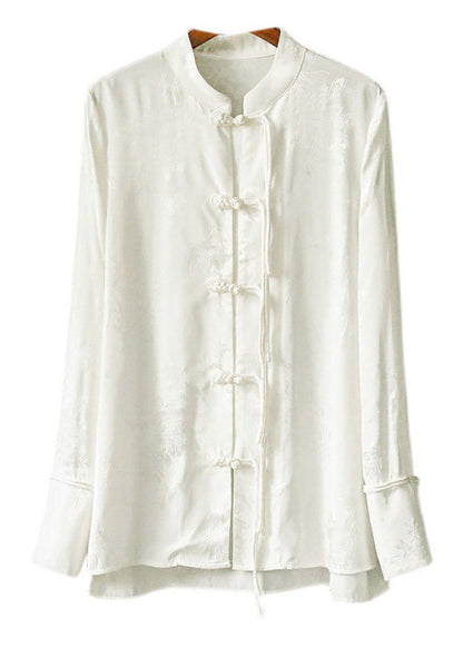 Stylish White Mandarin Collar Button Silk Shirt Long Sleeve
