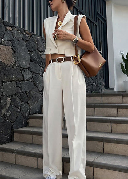Stylish White Notched Button Spandex Two Piece Suit Set Sleeveless
