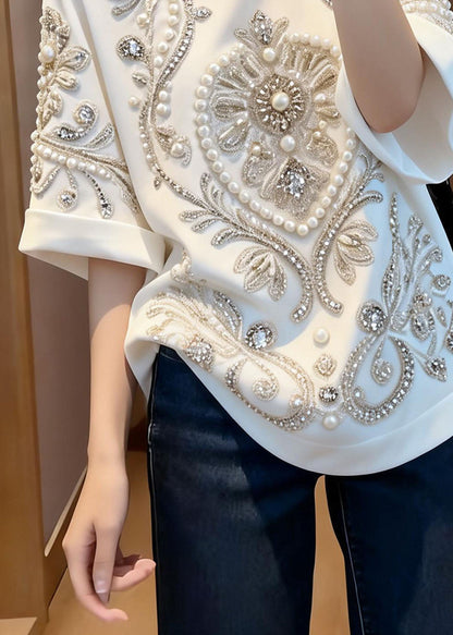 Stylish White O Neck Handmade Nail Bead Cotton T Shirt Summer