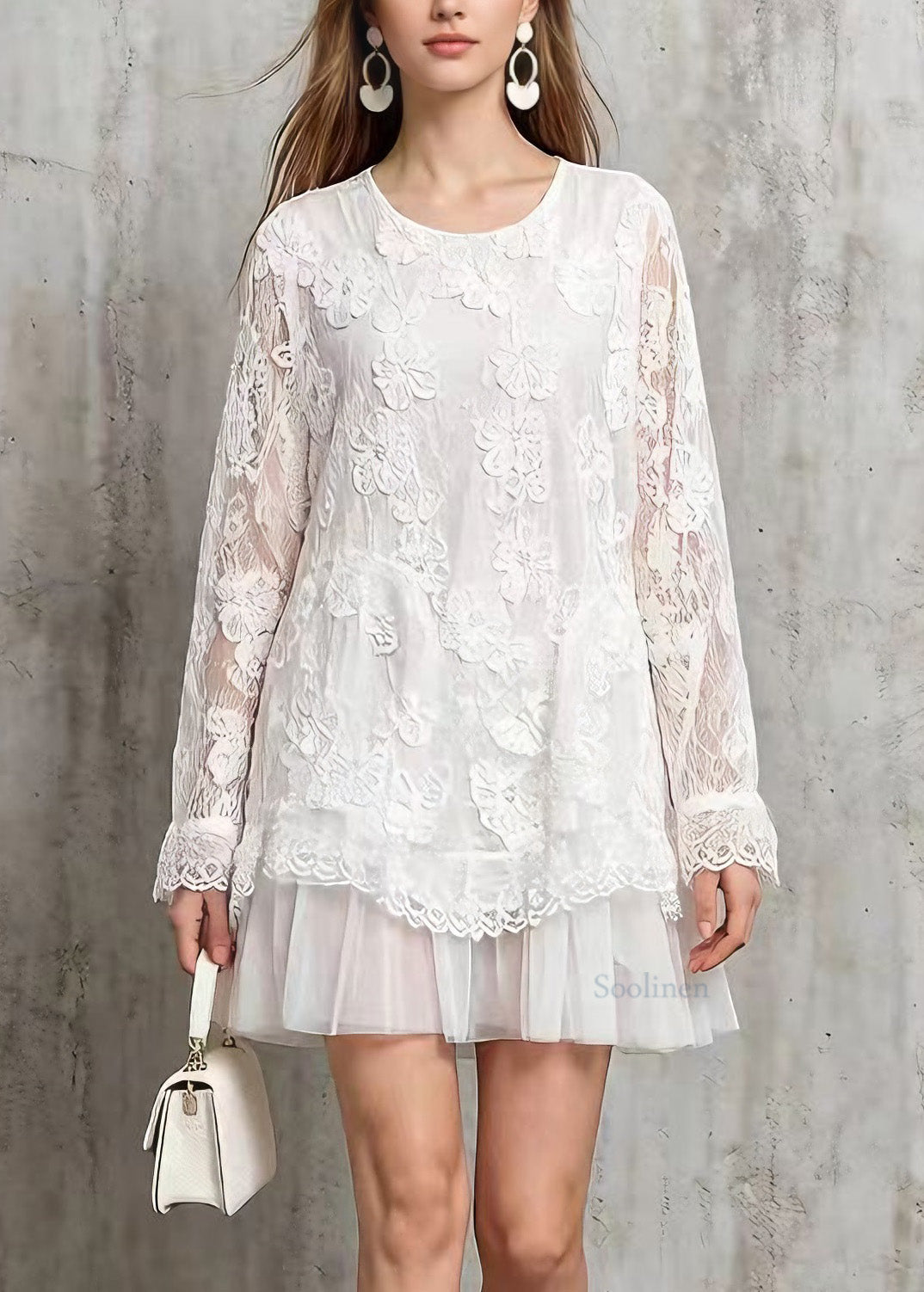 Stylish White O Neck Tulle Patchwork Lace Mid Dresses Spring