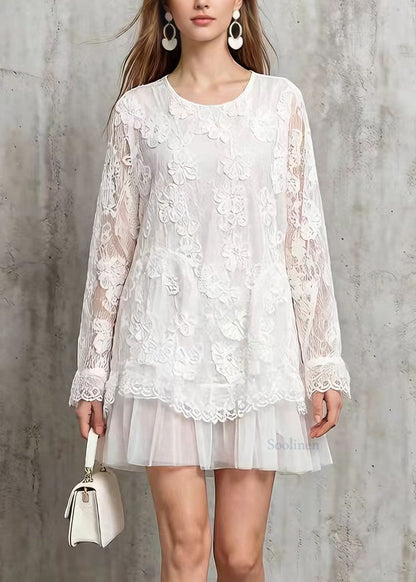 Stylish White O Neck Tulle Patchwork Lace Mid Dresses Spring