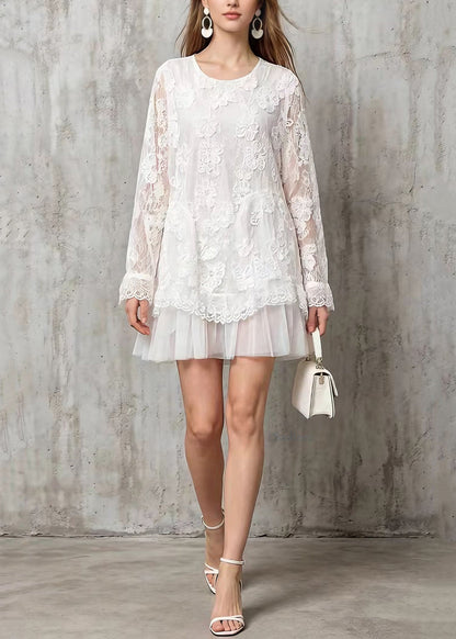 Stylish White O Neck Tulle Patchwork Lace Mid Dresses Spring