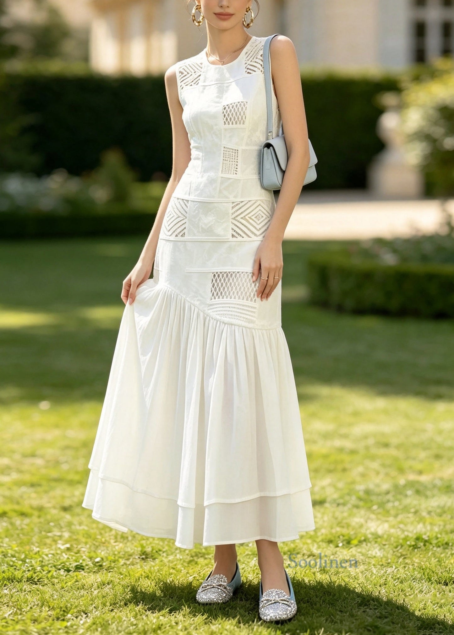 Stylish White O Neck Wrinkled Patchwork Cotton Long Dress Sleeveless