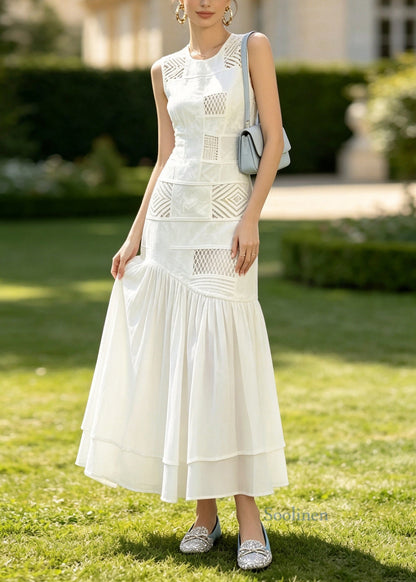 Stylish White O Neck Wrinkled Patchwork Cotton Long Dress Sleeveless