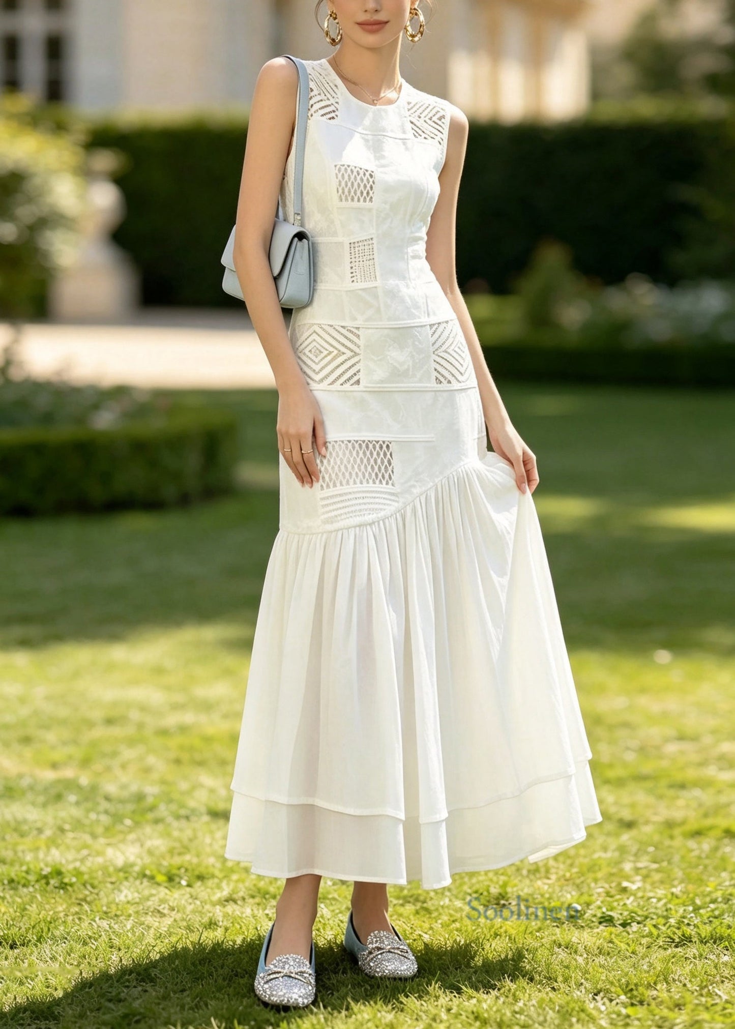 Stylish White O Neck Wrinkled Patchwork Cotton Long Dress Sleeveless