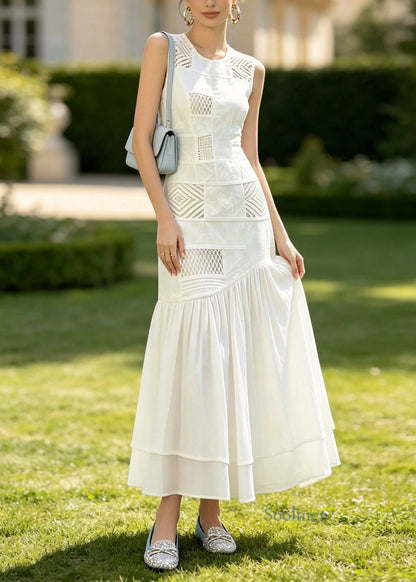 Stylish White O Neck Wrinkled Patchwork Cotton Long Dress Sleeveless