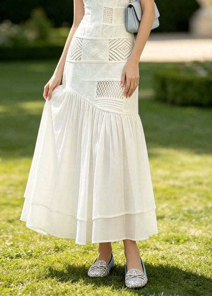 Stylish White O Neck Wrinkled Patchwork Cotton Long Dress Sleeveless