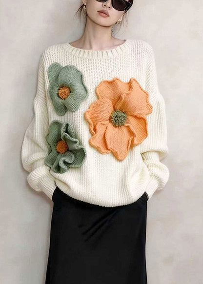 Stylish White Oversized Floral Decorated Knitted Tops Winter