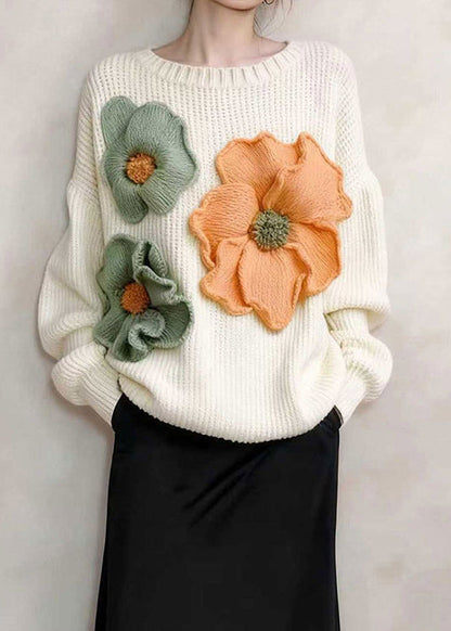 Stylish White Oversized Floral Decorated Knitted Tops Winter