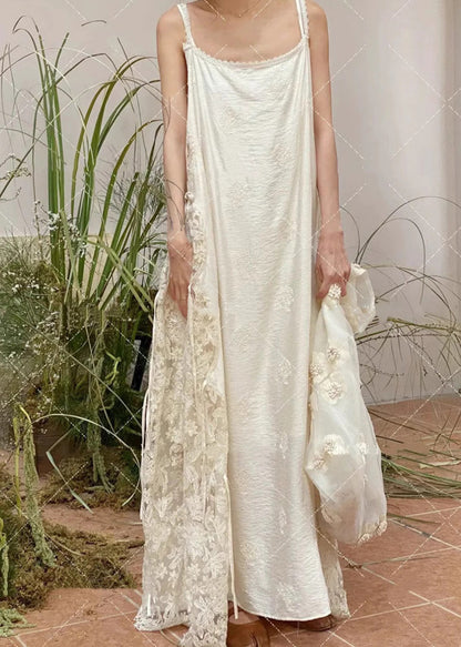 Stylish White Oversized Patchwork Lace Spaghetti Strap Dress Summer