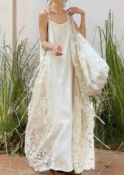 Stylish White Oversized Patchwork Lace Spaghetti Strap Dress Summer