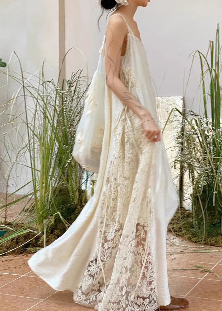 Stylish White Oversized Patchwork Lace Spaghetti Strap Dress Summer