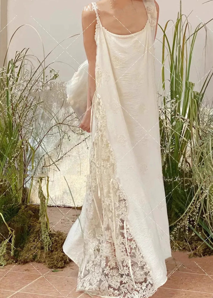 Stylish White Oversized Patchwork Lace Spaghetti Strap Dress Summer