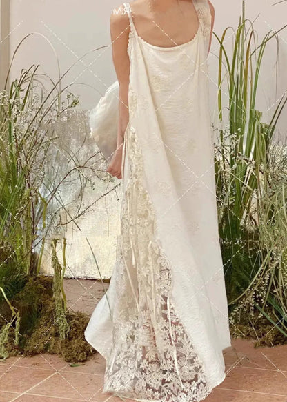 Stylish White Oversized Patchwork Lace Spaghetti Strap Dress Summer