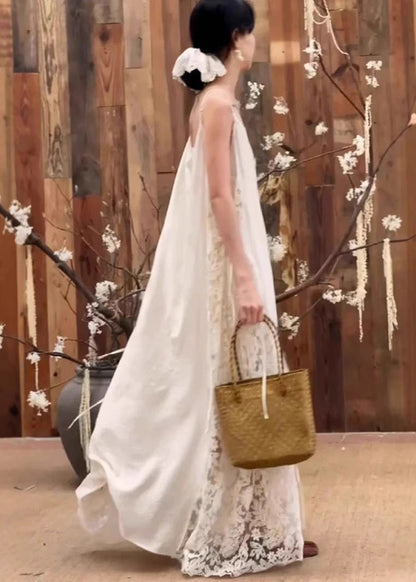 Stylish White Oversized Patchwork Lace Spaghetti Strap Dress Summer