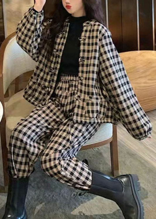 Stilvolle Weiß Plaid Warm Fleece tops harem hosen Zwei Stücke Set Frühling