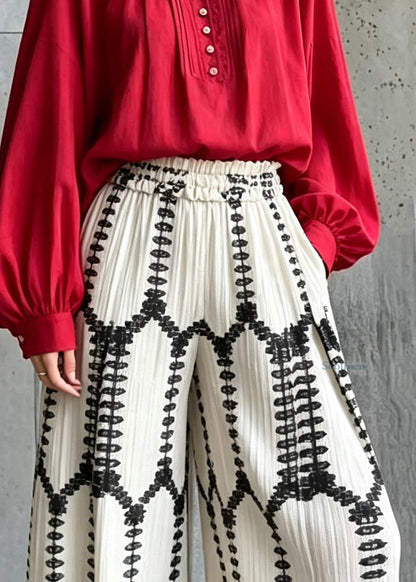 Stylish White Print Elastic Waist Wide Leg Pants Fall