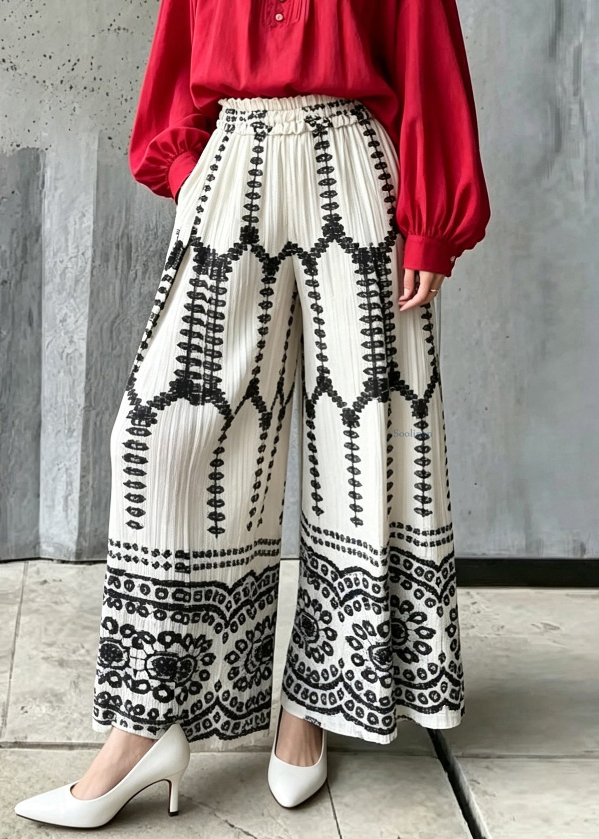 Stylish White Print Elastic Waist Wide Leg Pants Fall