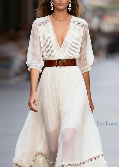 Stylish White Ruffled Floral Patchwork Chiffon Dress Summer