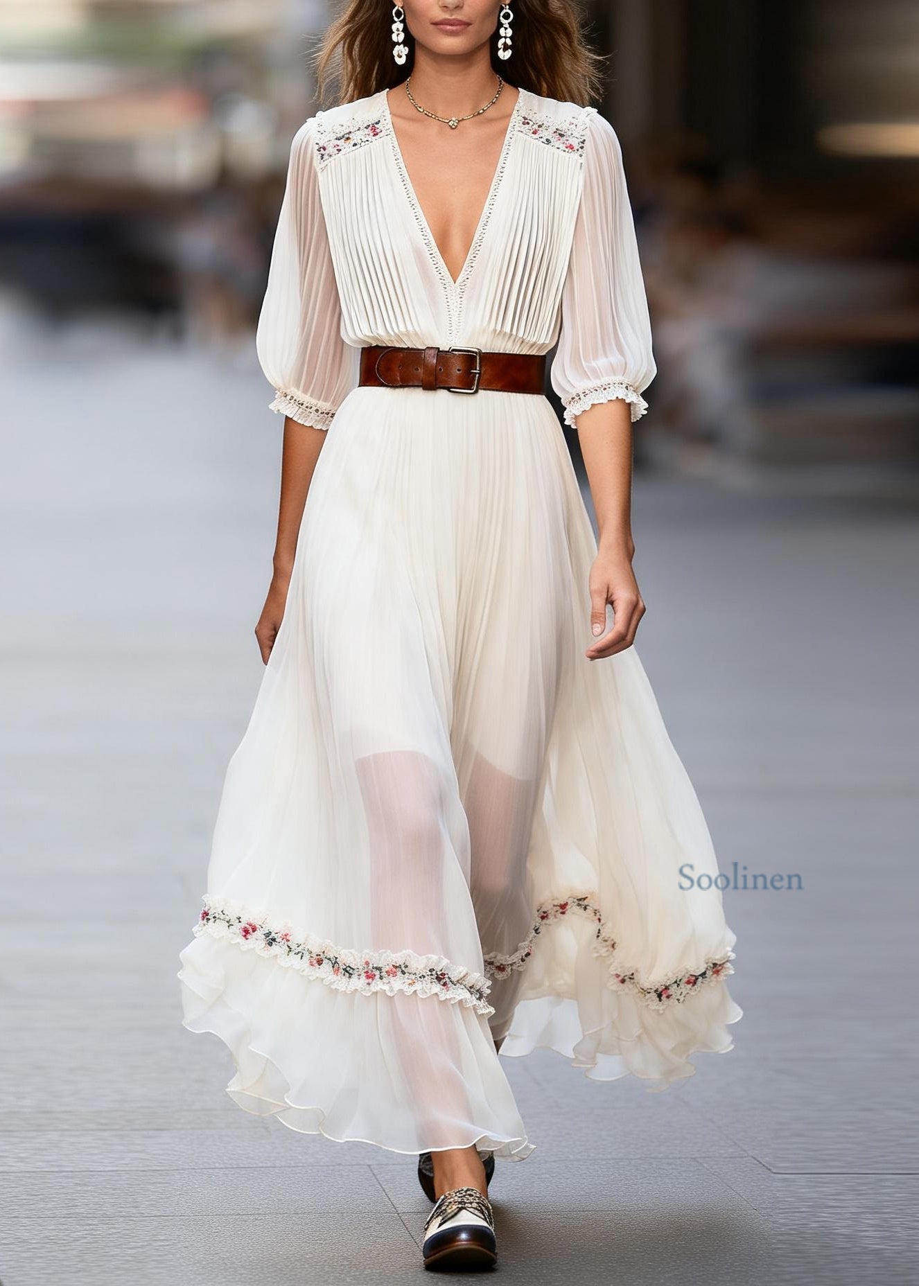 Stylish White Ruffled Floral Patchwork Chiffon Dress Summer