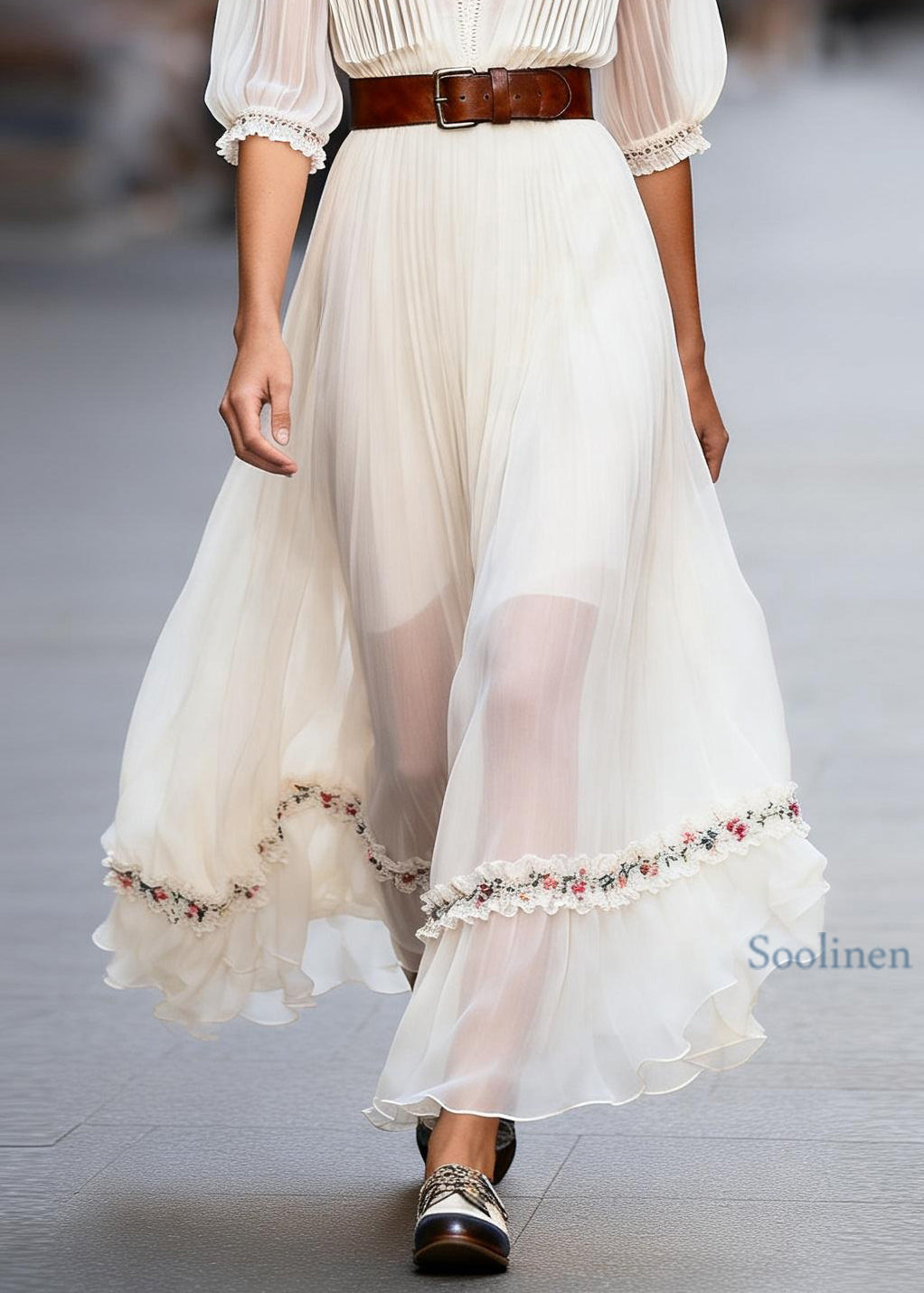 Stylish White Ruffled Floral Patchwork Chiffon Dress Summer