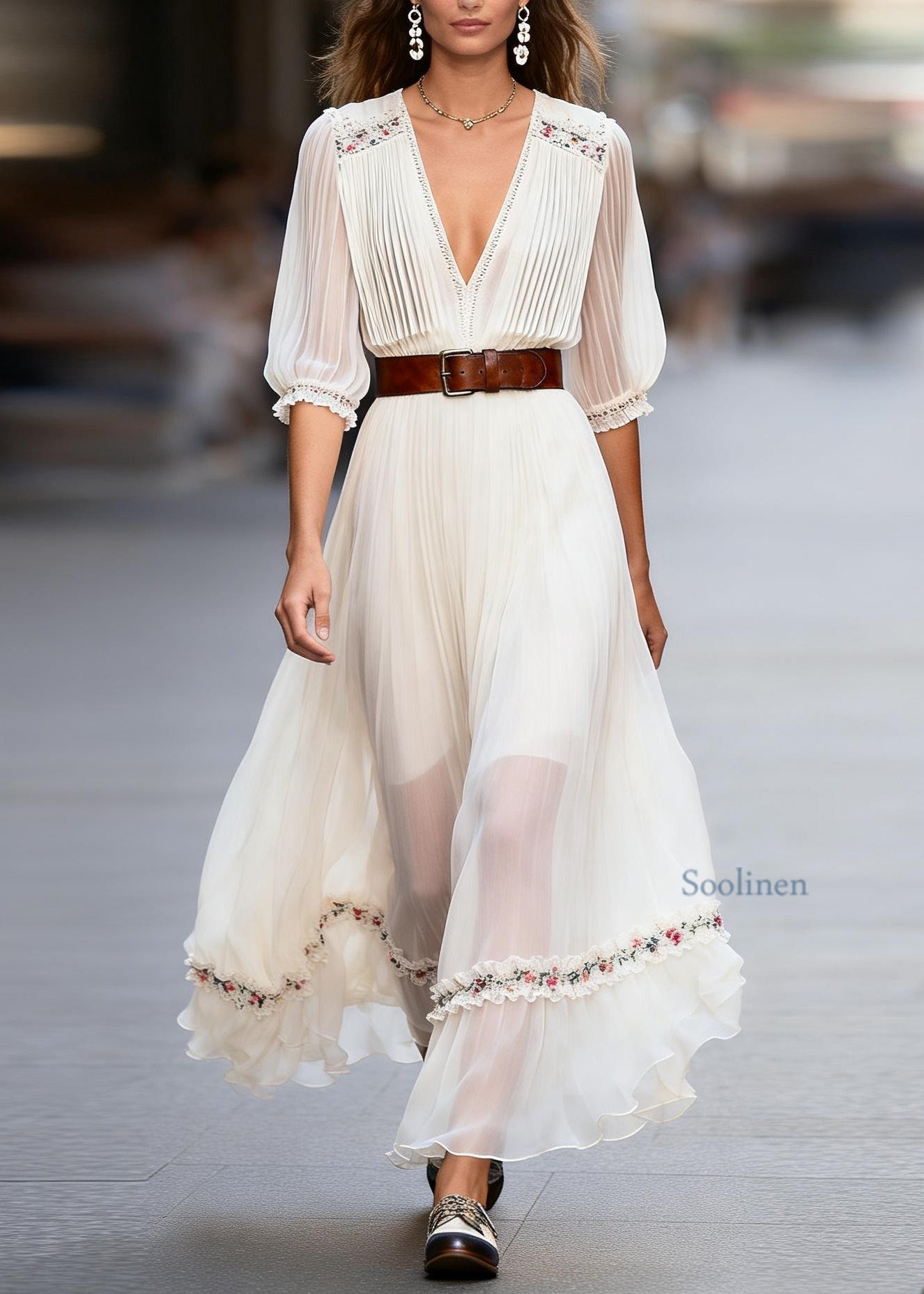 Stylish White Ruffled Floral Patchwork Chiffon Dress Summer