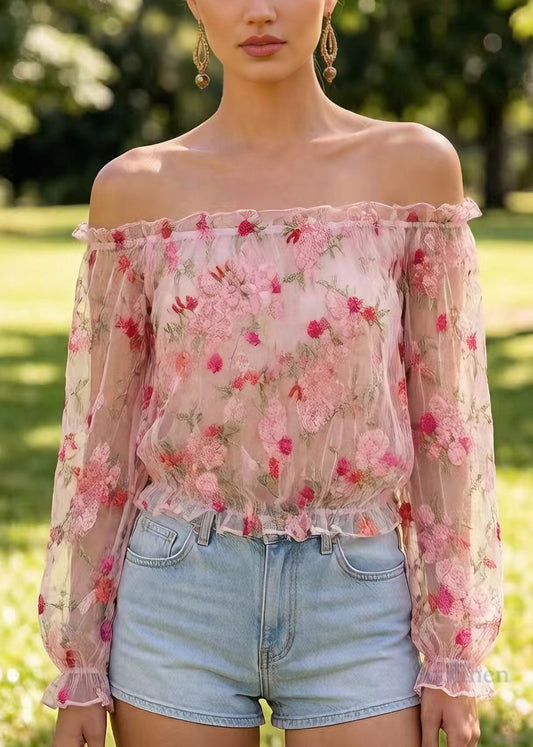 Stylish White Slash Neck Embroidered Tulle Top Long Sleeve
