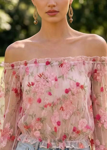 Stylish White Slash Neck Embroidered Tulle Top Long Sleeve