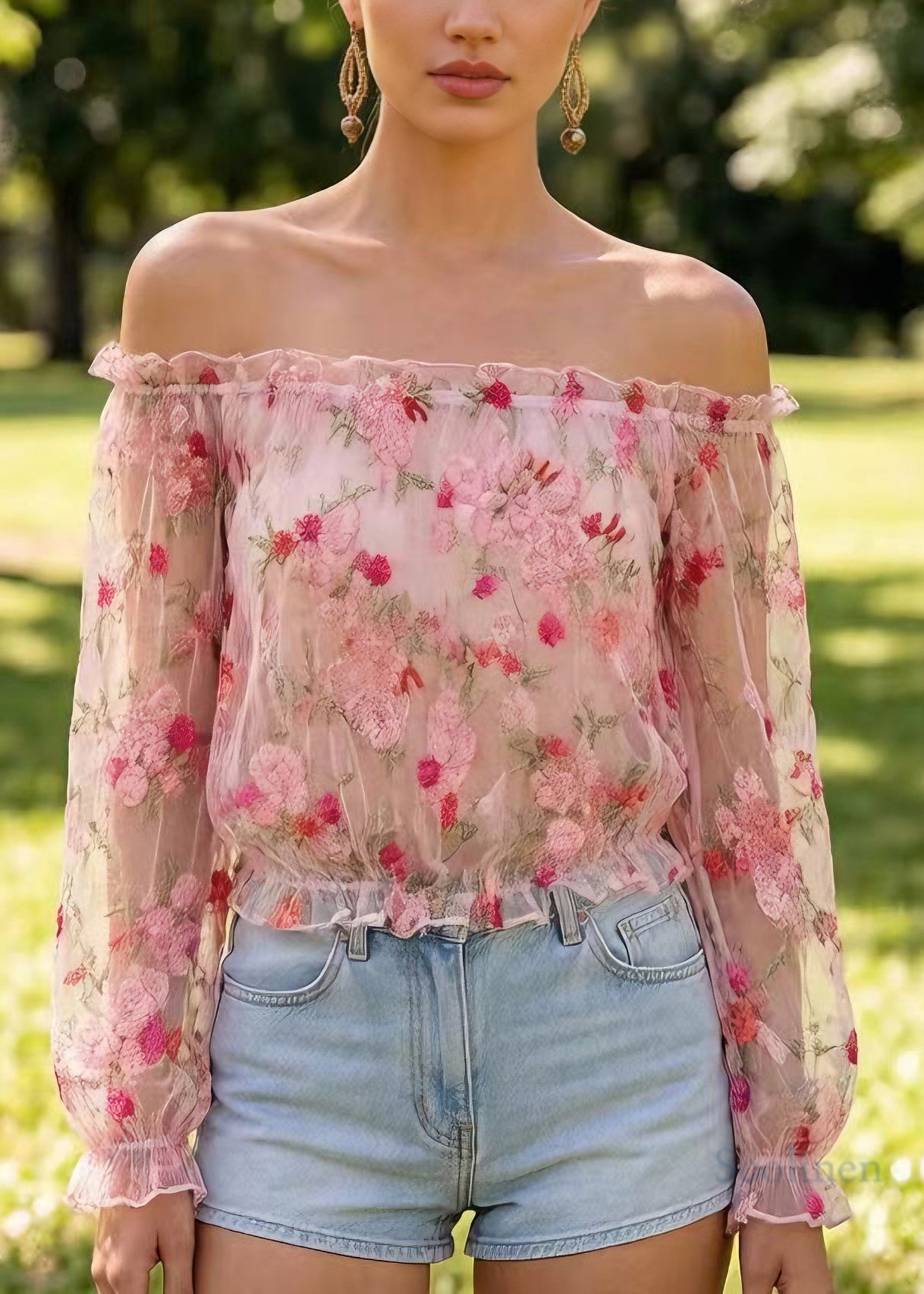 Stylish White Slash Neck Embroidered Tulle Top Long Sleeve