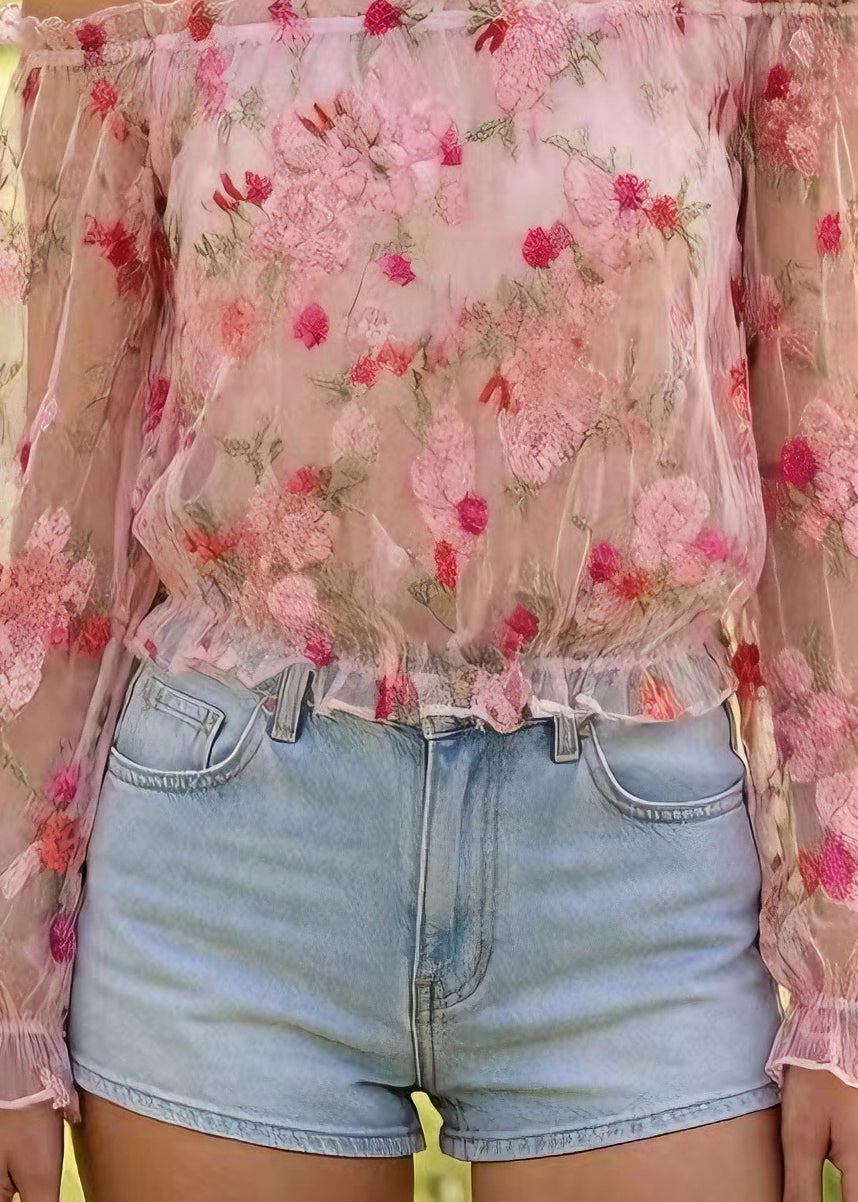 Stylish White Slash Neck Embroidered Tulle Top Long Sleeve