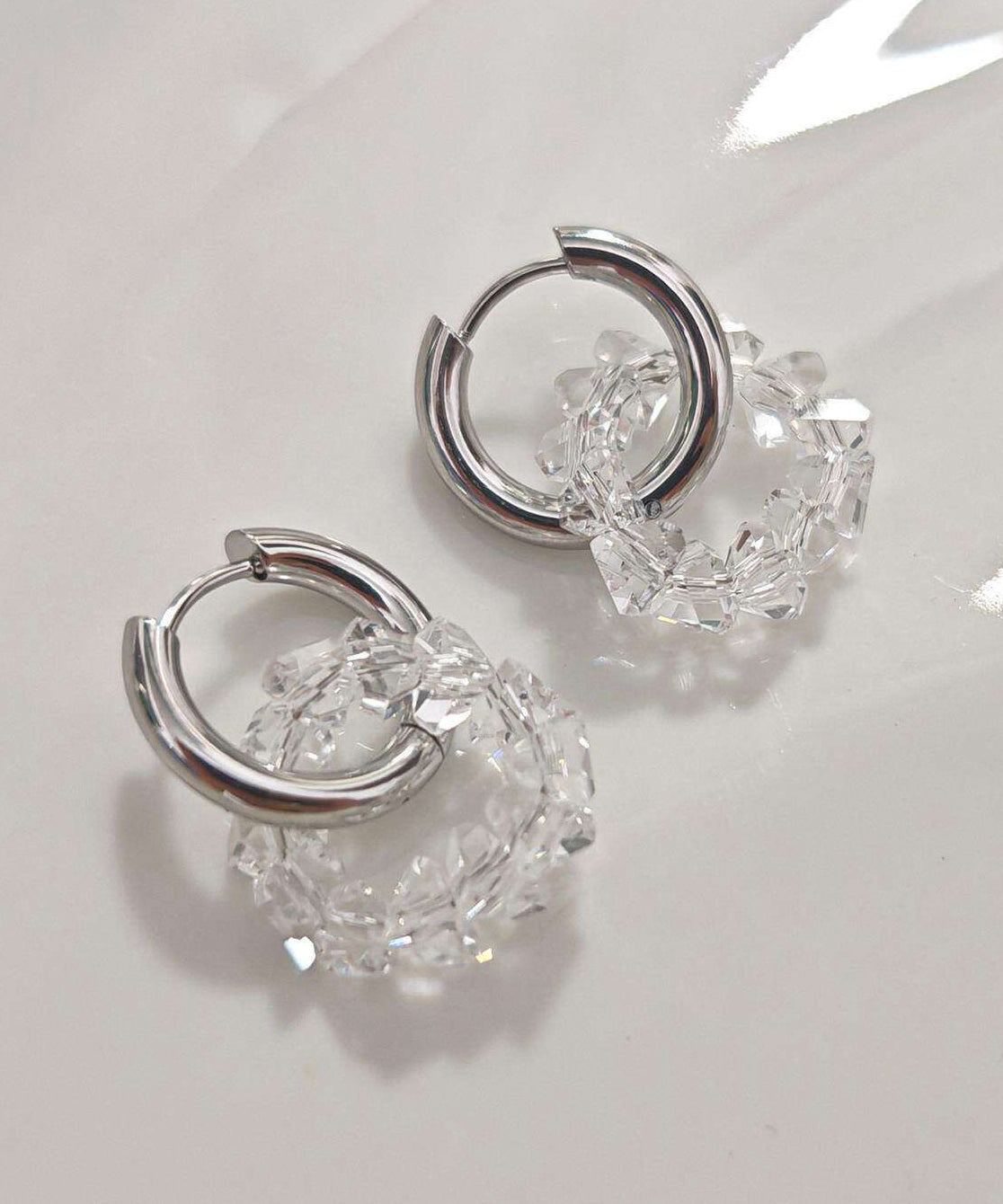 Stylish White Stainless Steel Crystal Hoop Earrings