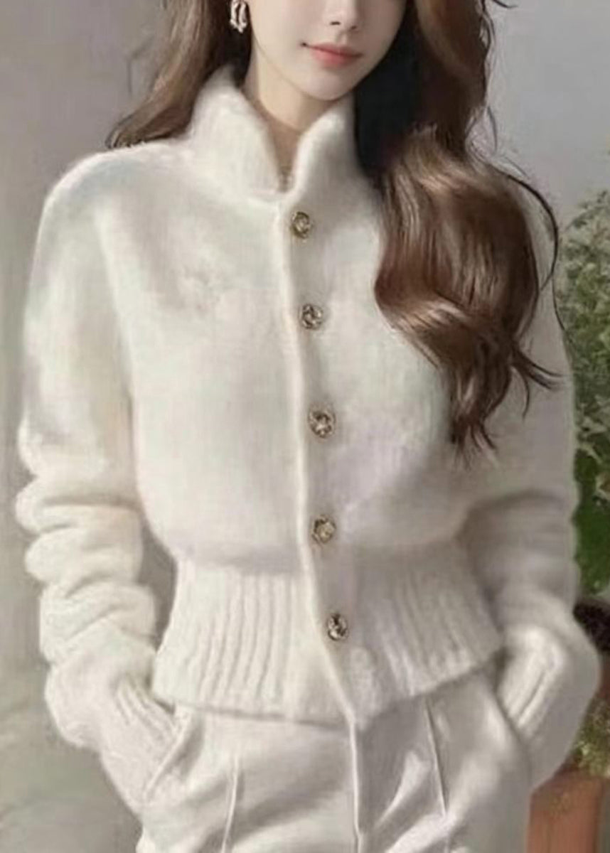 Stylish White Stand Collar Faux Mink Hair Knitted Cardigan Fall