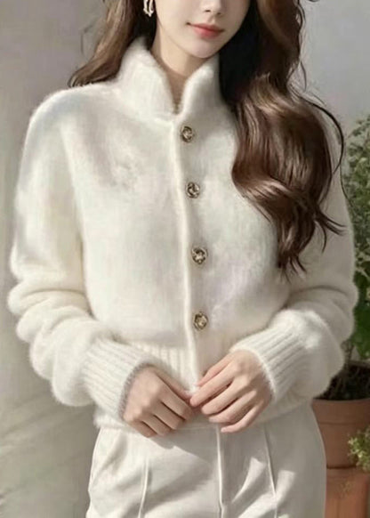 Stylish White Stand Collar Faux Mink Hair Knitted Cardigan Fall