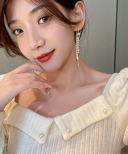 Elegantes pendientes de borlas de perlas de aleación de plata de ley blanca