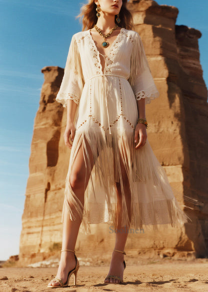 Stylish White Tasseled Hollow Out Cotton Vacation Dresses Summer