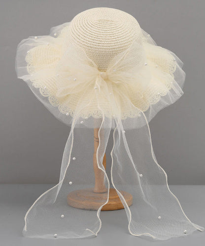 Stylish White Tulle Bow Straw Woven Floppy Sun Hat