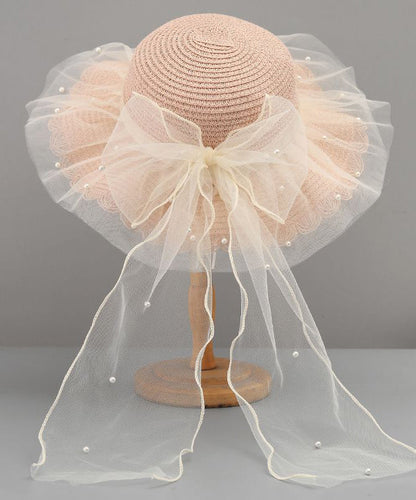Stylish White Tulle Bow Straw Woven Floppy Sun Hat