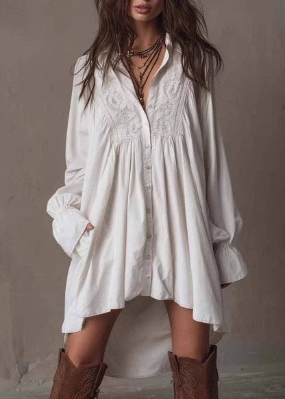 Stylish White Turn-Down Collar Low High Design Cotton Dress Long Sleeve
