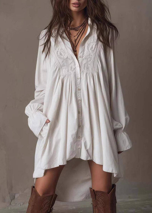 Stylish White Turn-Down Collar Low High Design Cotton Dress Long Sleeve