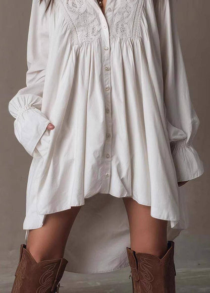 Stylish White Turn-Down Collar Low High Design Cotton Dress Long Sleeve