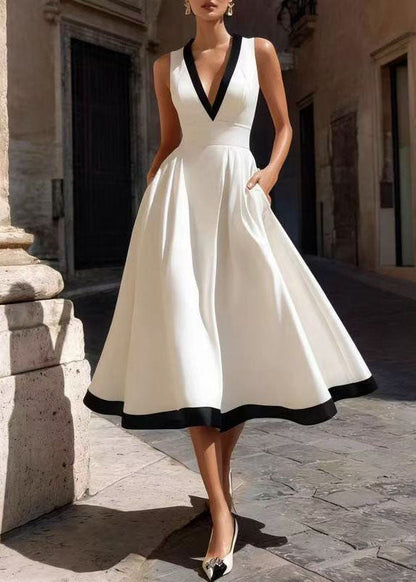 Stylish White V Neck Exra Large Hem Shift Dresses Sleeveless