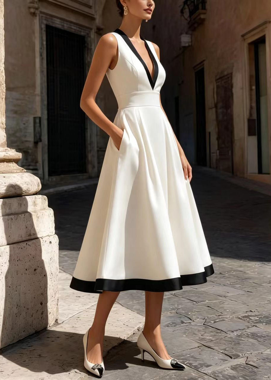 Stylish White V Neck Exra Large Hem Shift Dresses Sleeveless