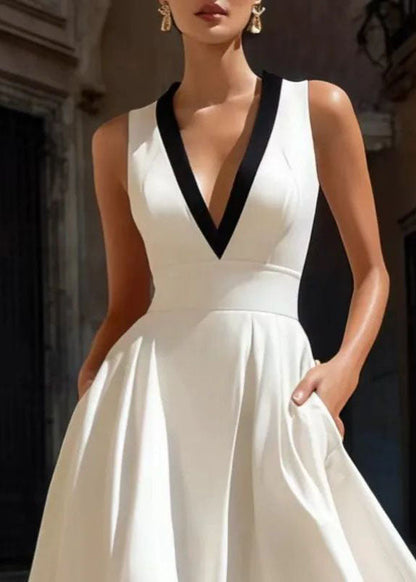 Stylish White V Neck Exra Large Hem Shift Dresses Sleeveless