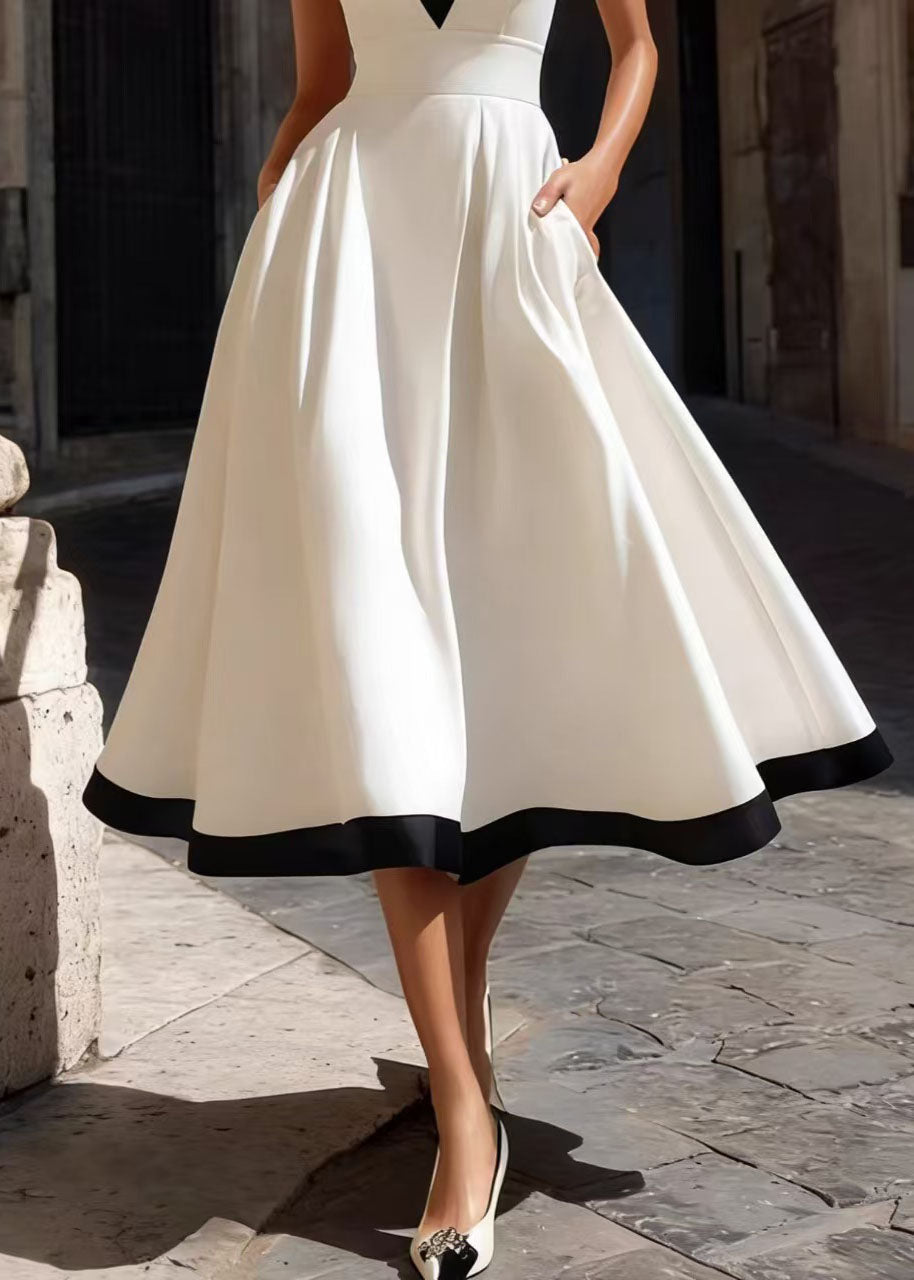 Stylish White V Neck Exra Large Hem Shift Dresses Sleeveless