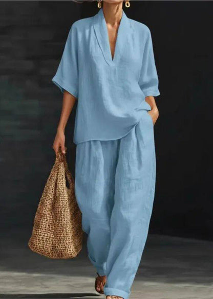 Stylish White V Neck Oversized Cotton Two-Piece Set Summer