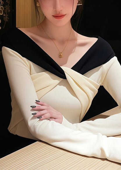 Suéter de punto con cuello en V blanco y patchwork para primavera