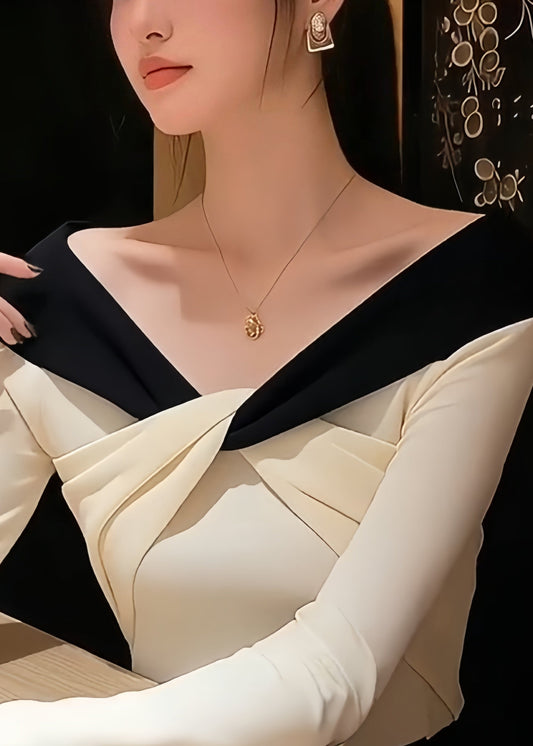 Suéter de punto con cuello en V blanco y patchwork para primavera